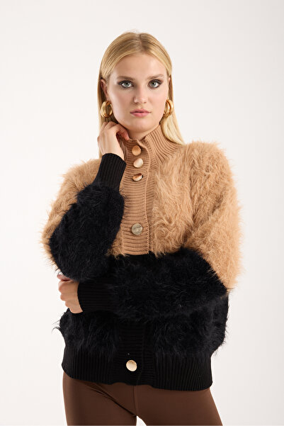 Moda Days Women's Beige-Black Beard Yarn Two-Tone Gold Buttoned Stand-Up Collar Knitwear Cardigan