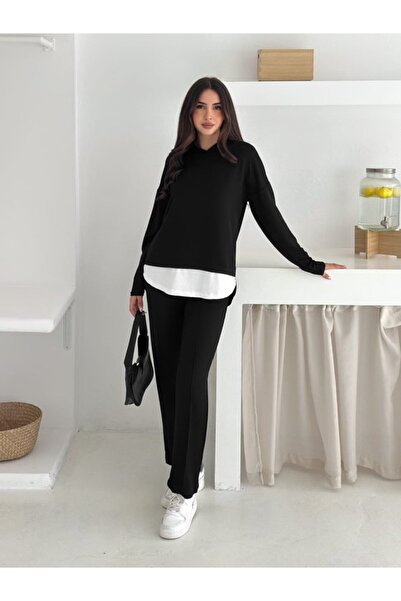 Wear Up Women's Hooded and Tank Top Detailed Tunic High Waist Pants Two-Piece Set