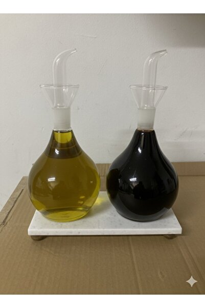 Reoona Mermer Stantlı Borosilikat Tombul Düz Cam Yağlık 2’li Set 900 ml+900 Ml