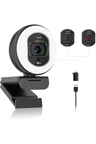 Generic 4K Webcam with Light - Streaming Camera for PC with Dual AI Noise Cancelling Microphone, Auto Focus