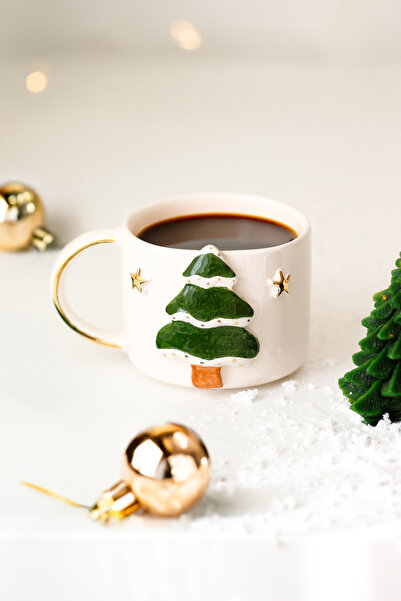 dalyaceramics Yılbaşı Çam Ağacı Figürlü 24 K Gerçek Altın ile Dekorlanmış El Yapımı Seramik Kupa