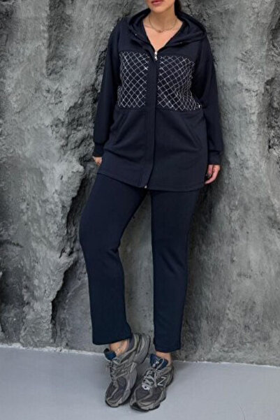 AYASOFYA OTANTIK Women's Navy Blue Sequin Embroidered Hooded Zipper Closure Jacket Elastic Waist Pants Plus Size Set
