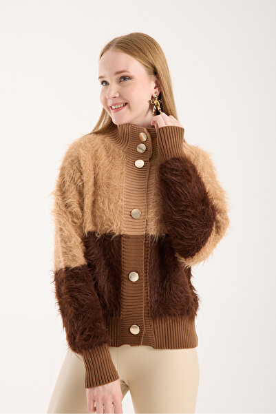 Moda Days Women's Beige-Brown Beard Yarn Two-Tone Gold Buttoned Stand-Up Collar Knitwear Cardigan
