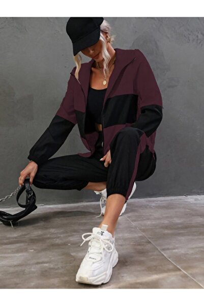 modaserdem Women's Long Sleeve Hooded Front Zipper Viscose Two Thread Blouse and Pants Two-Piece Set