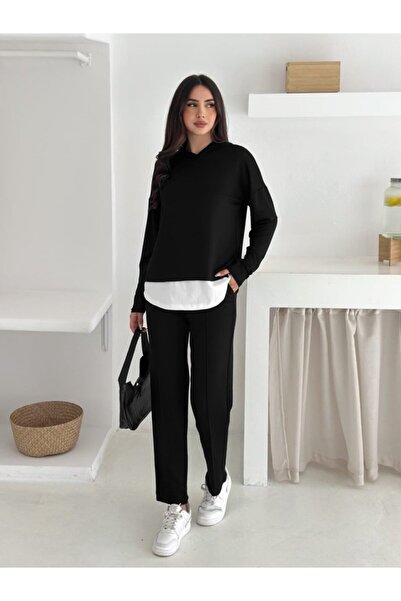 Wear Up Women's Hooded and Tank Top Detailed Tunic High Waist Pants Two-Piece Set