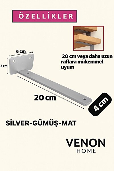 VENON 4'lü 20 Cm SİLVER Metal Raf Ayağı Raf Altı Tutucu L Köşe Konsol Raf Tutucu Deprem Dolap Sabitle