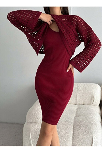 buğrahayalin Women's Long Sleeve Hollowed Sweater Suspender Dress Knitwear Double Set