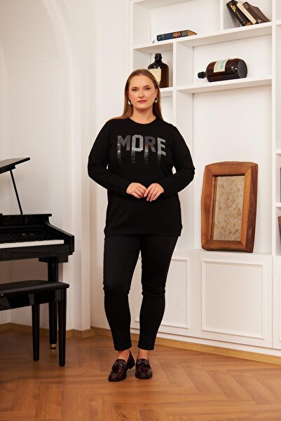 Imagine Giyim Women's Sparkling Stone Detailed Black Plus Size Sweatshirt
