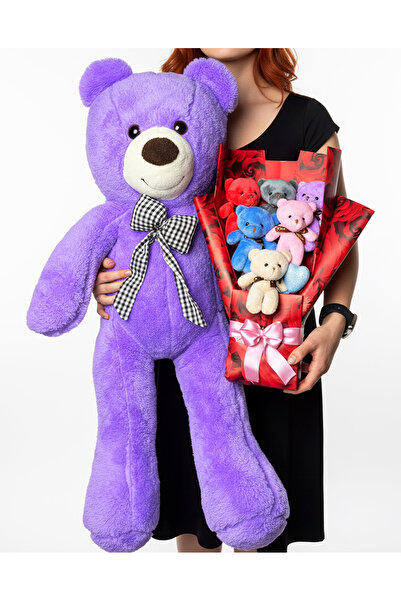 Linalux Gifts 90cm Mor Ayıcık ve Renkli Ayıcıklı Gül Desenli Kağıtlı Peluş Bu...