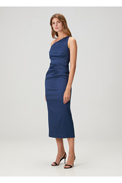 Aidan Mattox Lacivert Tek Omuzlu Midi Kokteyl Elbise