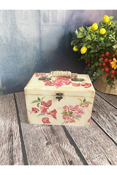 Bypinaryuksel Box with Bougainvillea Flower Pattern, Wooden Handle