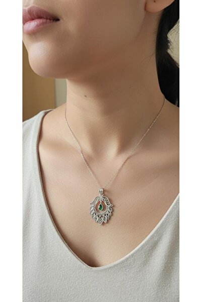 ErdoğanSilver Zümrüt Taşlı Yaprak Model 925 Ayar Telkari Gümüş Kolye Ucu