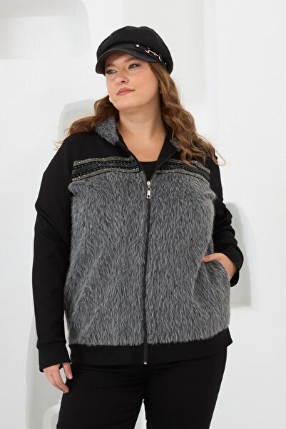 Imagine Giyim Women's Cashmere Garnished Stone Embellished Fur Plus Size Cardigan