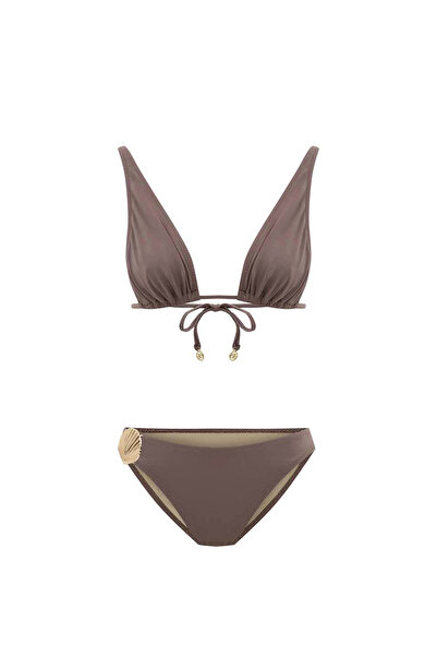 Bia Swimwear Coralisse Mocha Mousse Altın Deniz Kabuğu Aksesuarlı V Yaka Üçge...