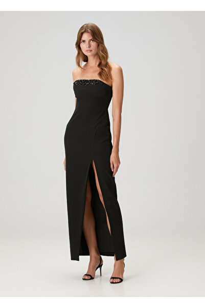Aidan Mattox Siyah Straplez Maksi Abiye Elbise