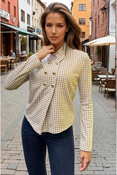 Pasaklı Giyim Дамско бежово яке с висока яка, леко, пролетно, шик стил, жакардово плетено (без подплата) 3512230