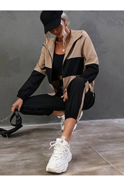 modaserdem Women's Long Sleeve Hooded Front Zipper Viscose Two Thread Blouse and Pants Two-Piece Set