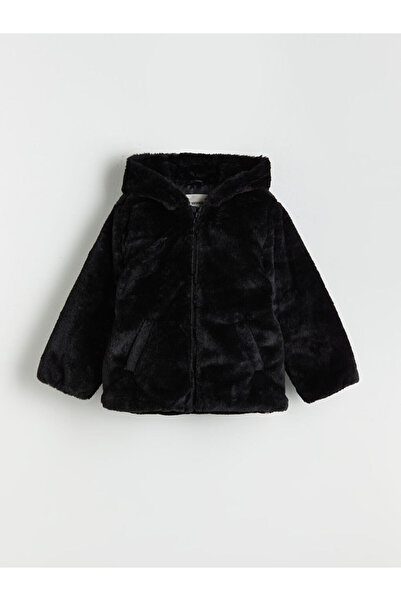 LC Waikiki LCW Kids Siyah Kapüşonlu Kız Çocuk Pelüş Mont
