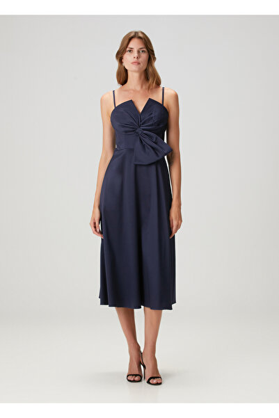 Aidan Mattox Lacivert Fiyonk Detaylı Midi Kokteyl Elbise