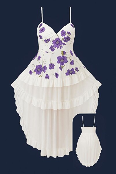 Nice Model Romantic Floral Asymmetric Hem V-Neck Layered Nightdress Sleeveless Loungewear White