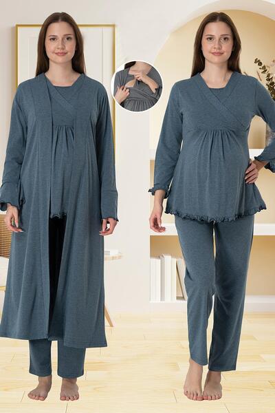 Lohussa Γυναικείο σετ πιτζάμα εγκυμοσύνης με διπλό γιακά ανθρακί, μακρυμάνικο, με κρυφό χώρο για τον θηλασμό