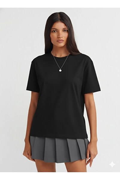 Dilvin 30312 Dekoratif Dikişli Bisiklet Yaka Tshirt-NERO(Black)