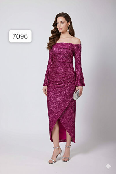 Robes Starplez Uzun Kol Pul Payet Şık Elbise -7096