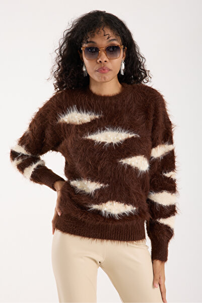Moda Days Women's Bitter Brown Beard Yarn Stone and Pearl Detailed Crew Neck Knitwear Sweater