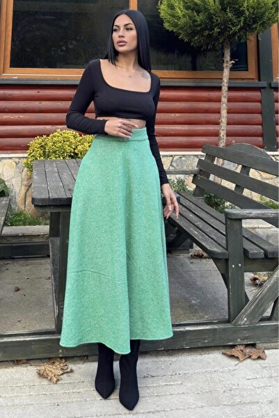 Pasaklı Giyim Women's Green Winter Wrinkled Cashmere Skirt, with Pockets, High Waist, Long, Kilos 3528275