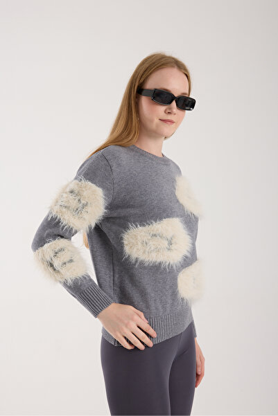 Moda Days Women's Gray Beard Yarn Crew Neck Knitwear Sweater