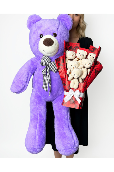 Linalux Gifts Hediye Seti Sevgiliye - 90cm Mor Ayıcık - Güllü Buket Kağıtlı A...