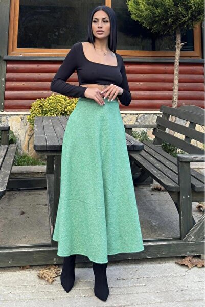 Pasaklı Giyim Women's Green Winter Wrinkled Cashmere Skirt, with Pockets, High Waist, Long, Kilos 3528275