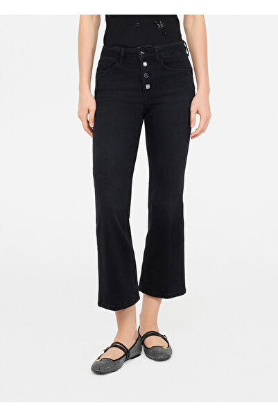 Liu Jo Women's Distressed Patterned Regular Fit Loose and Short Length Denim Black Pants Uf5040D4615-87353