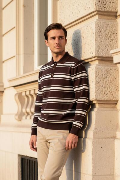 CHUBA Men's Polo Neck Buttoned Striped Knitwear Sweater Brown-White 26W2015
