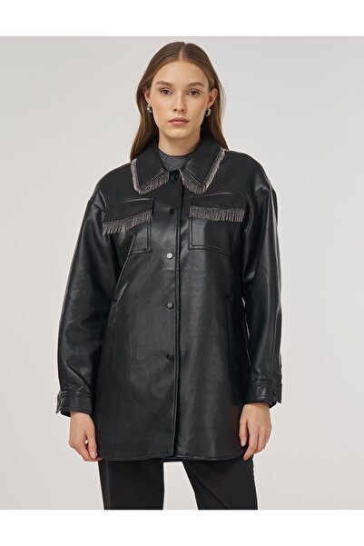 Kayra Faux Leather Jacket with Dangle Detail Black