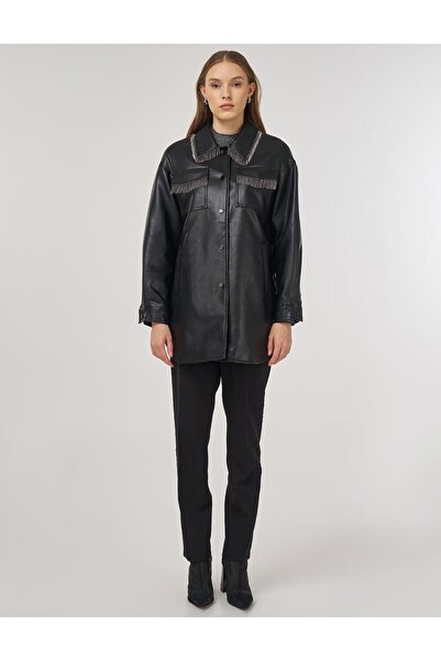 Kayra Faux Leather Jacket with Dangle Detail Black