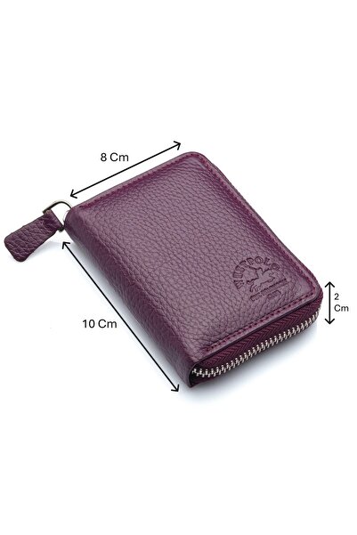 Westpolo Hakiki Deri Bol Şeffaf Kart Bölmeli Fermuarlı Unisex Cüzdan - Mürdüm
