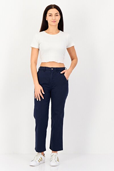 Reiko Women Cropped Fit Plain Chino Pants, Dark Navy
