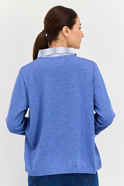Alfred Dunner Women Pointed Neck Textured Print Long Sleeves Sweater, Blue/White