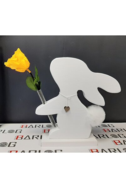 OEM Vază albă în formă de iepure cu trandafir galben conservat, 30 cm