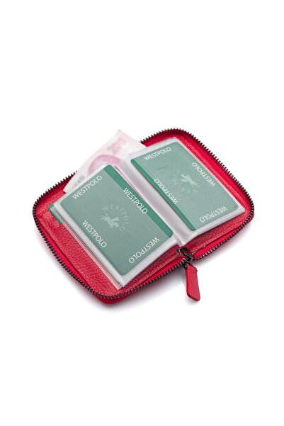 Westpolo Hakiki Deri Bol Şeffaf Kart Bölmeli Fermuarlı Unisex Cüzdan - Kırmızı