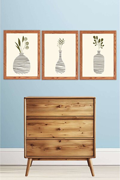 UNT Modern Minimalist Plant-Themed 3-Piece Wall Painting Set – Mdf Print with Frame Appearance