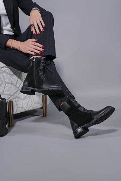 SHOEMOL SKB-068 Siyah Fermuarlı Deri Kadın Bot