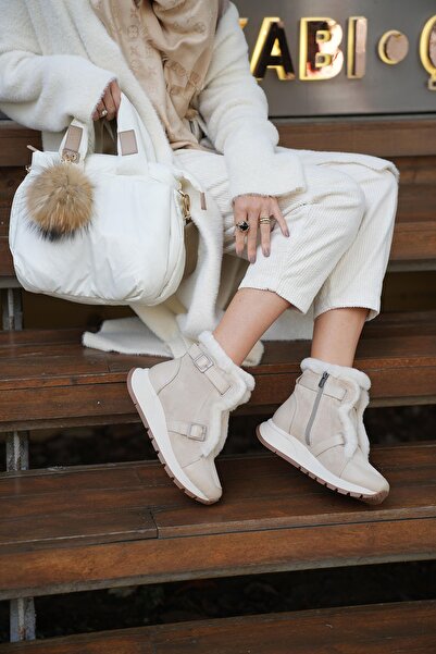 SHOEMOL SKB-044 Bej Süet Kürklü Kadın Bot