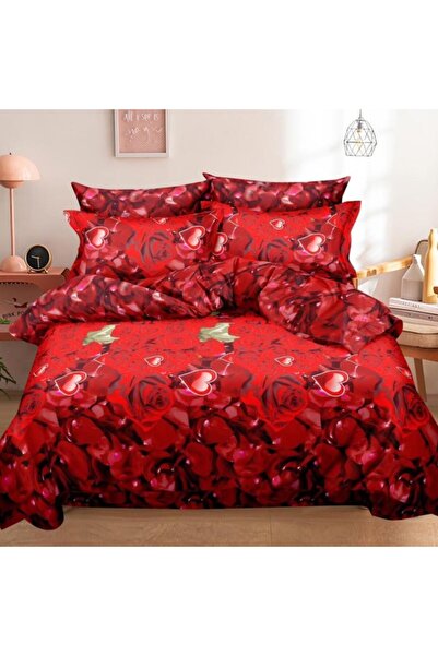 OEMN Double Bed Linen, 6 Pieces, 3D Print, Red, Roses, Hearts