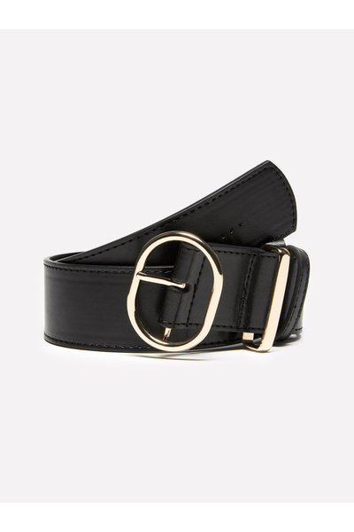 Sisley Women's Black Faux Leather Oval Metal Buckle Belt