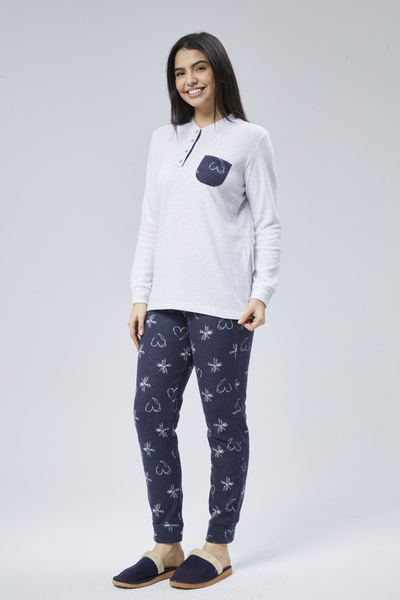 M MOONCOVER Mooncover Women's Winter Pajama Set with Chest Pocket Detail Gray-Navy Blue