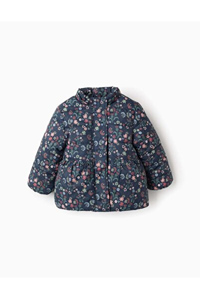 Ziddy Padded Floral Hooded Jacket with Removable Hood for Baby Girls, Dark Blue