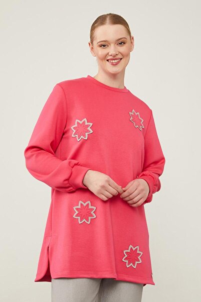 Levidor Fuşya Çiçek Nakışlı Bisiklet Yaka Ribanalı Sweatshirt