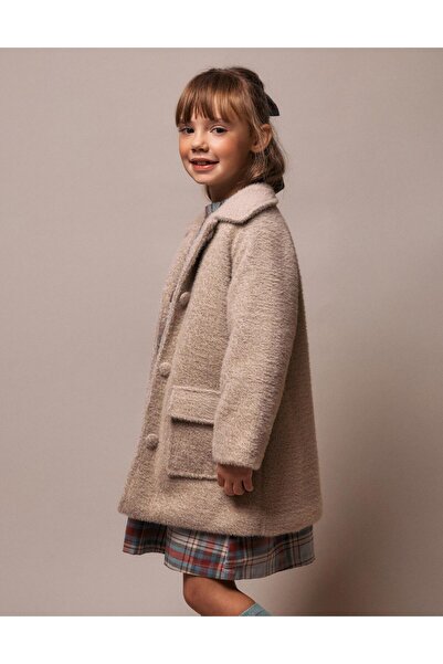Ziddy Fluffy Buttoned Jacket for Girls, Beige